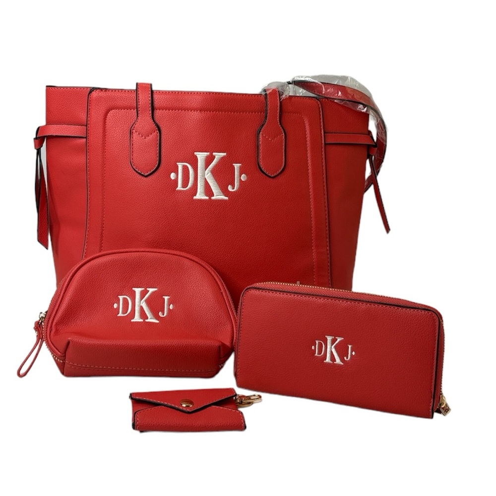 Women's Monogram Embroidered Leather Purse Tote Bag Set 4 Matching Pieces Orange